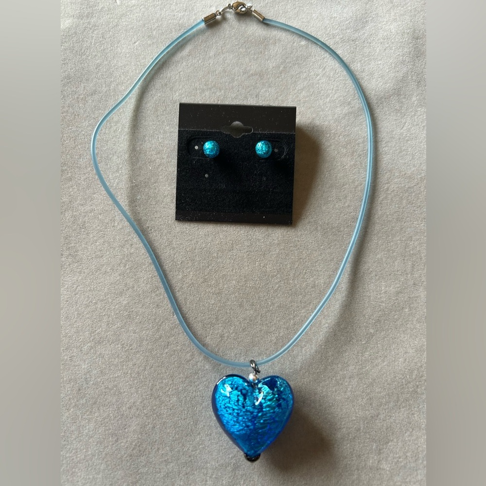Venetian Murano Glass Blue Heart Pendant, Necklace and Earring Set